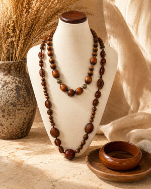 Wood Bead Necklace Bracelet Set Sanghvi India Boho Artisan Layered Brown 3 Pc